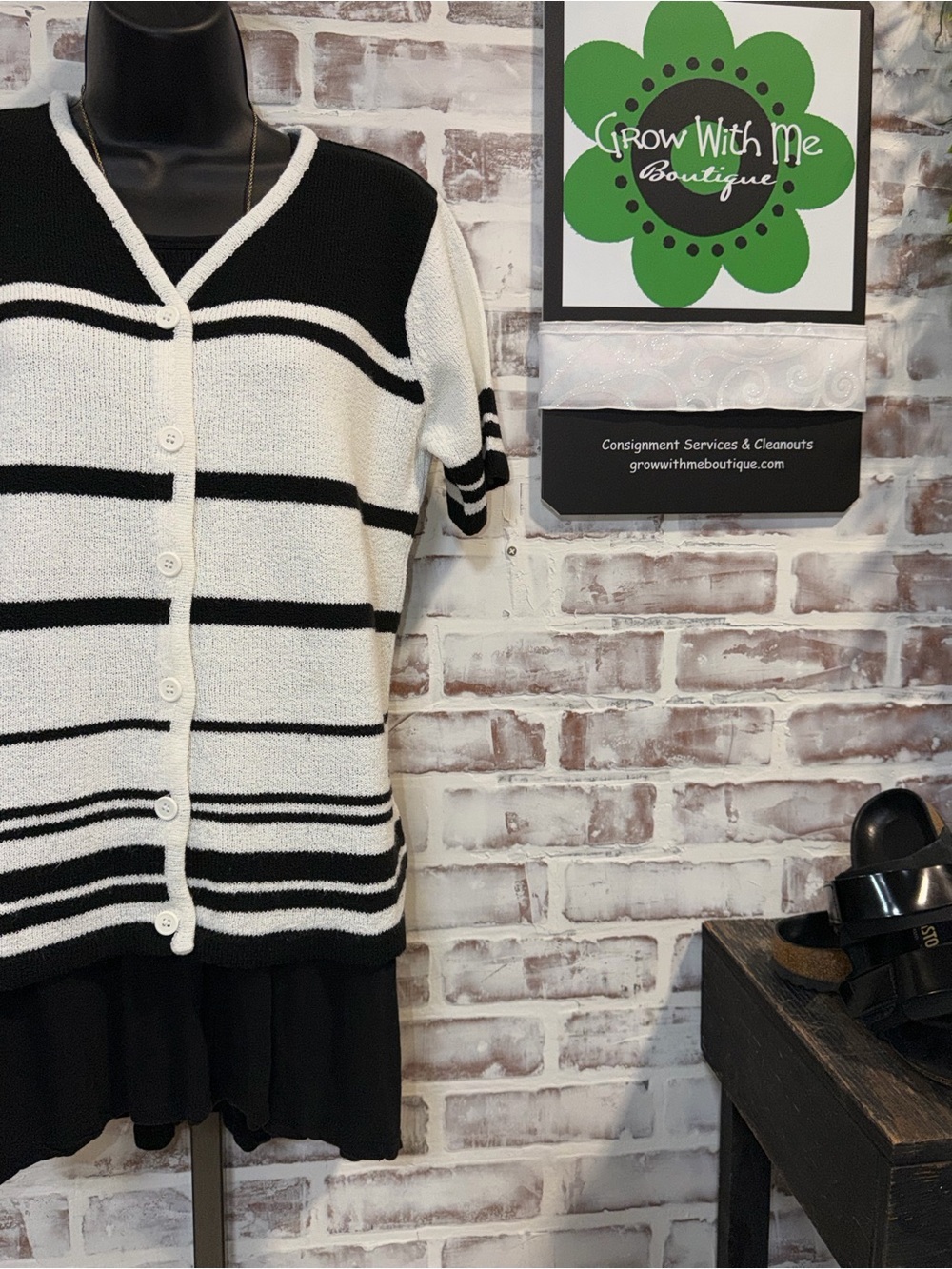 Black and White Striped Short-Sleeve Cardigan Sweater